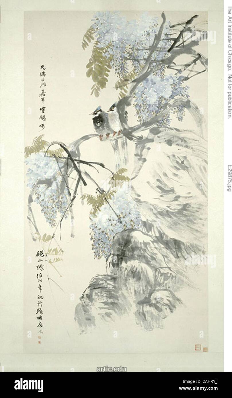 Ren Yi. Paradise Flycatchers and Wisteria. 1887–1897. China. Hanging scroll; ink and colors on paper Ren Yi was among the most successful and influential among Chinese painters of the so-called Shanghai School. Arriving in Shanghai in 1857, he took the artistic name “bonian” (one-hundred years), claiming that it would take him a century to achieve success. However, by 1875 Ren Yi was the best-known painter in Shanghai. His highly sought-after bird-and-flower paintings initially followed the Song dynasty (960–1279) convention of applying rich color fields within outlines, producing decorative p Stock Photo