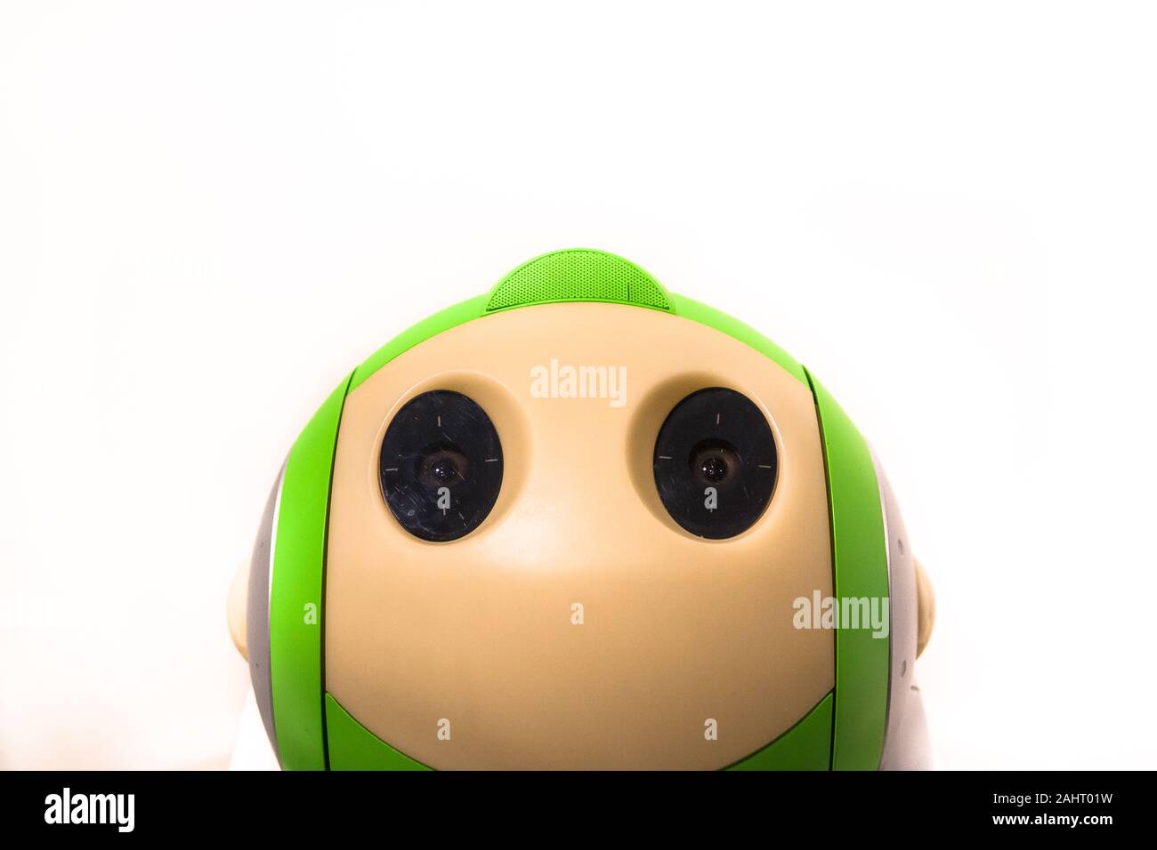 Portrait of a green robot in Tokyo Science Museum, Kitanomaru Park, Kudashita, Tokyo, Japan. Stock Photo