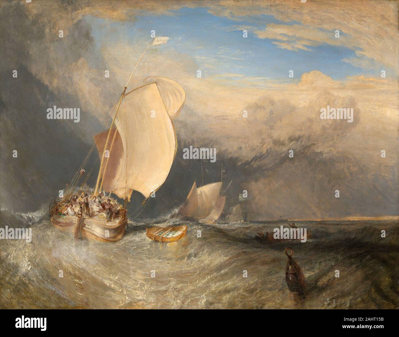 Joseph Mallord William Turner. Fishing Boats with Hucksters Bargaining for Fish. 1832–1842. England. Oil on canvas In Fishing Boats with Hucksters Bargaining for Fish, Joseph Mallord William Turner translated his enduring preoccupation with the sea into a dramatic vision. The subject itself and the painting’s low horizon line derive directly from seventeenth-century Dutch sea painting. But where the boats in the seascapes of the period are almost reconstructible in their exactness, Turner’s minimal and more impressionistic depiction of vessels is secondary to the drama of roiling seas, billowi Stock Photo