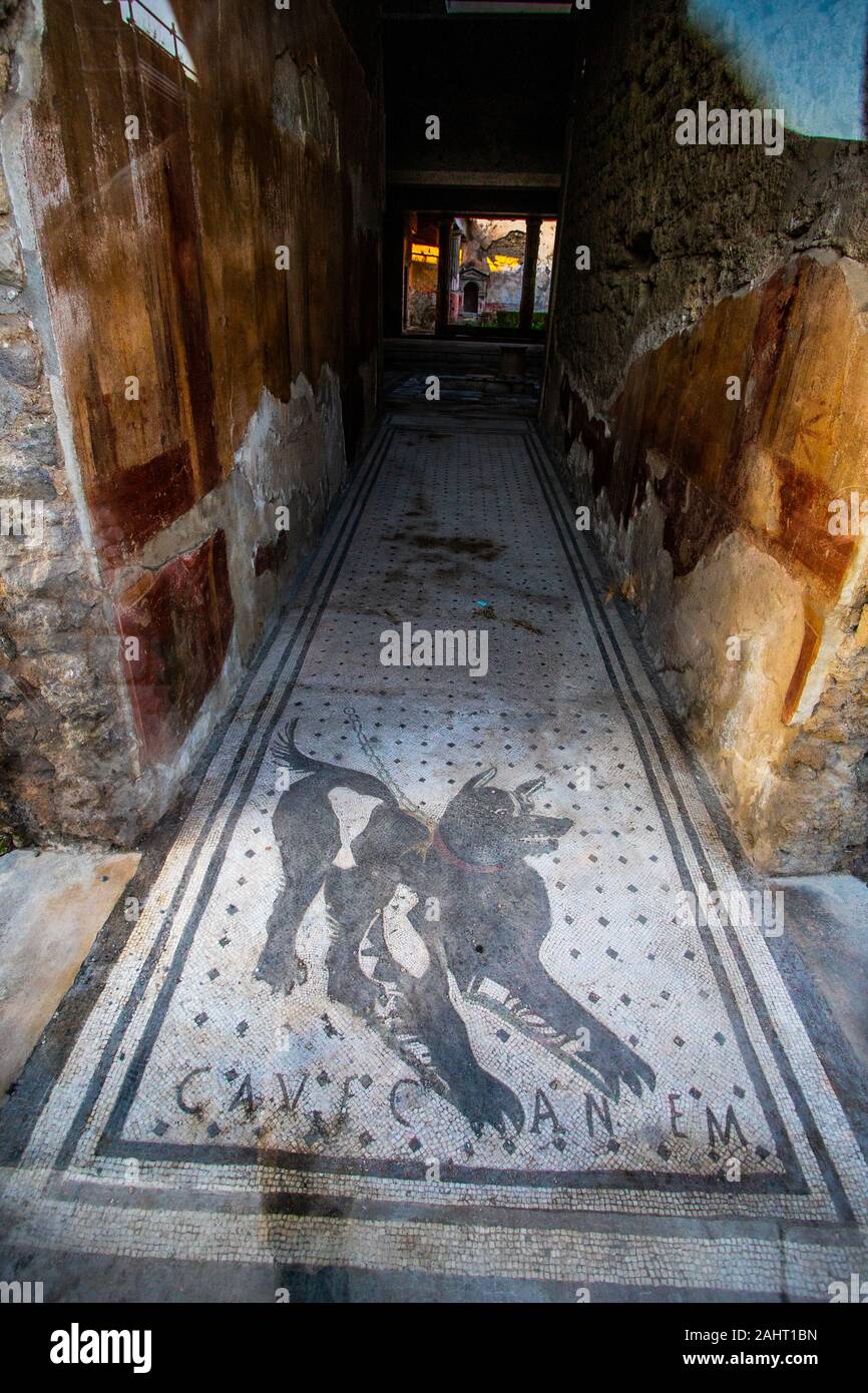 CAVE CANEM - Beware of the dog floor mosaic in the vestibule of the House of the Tragic Poet in Pompeii, Italy Stock Photo