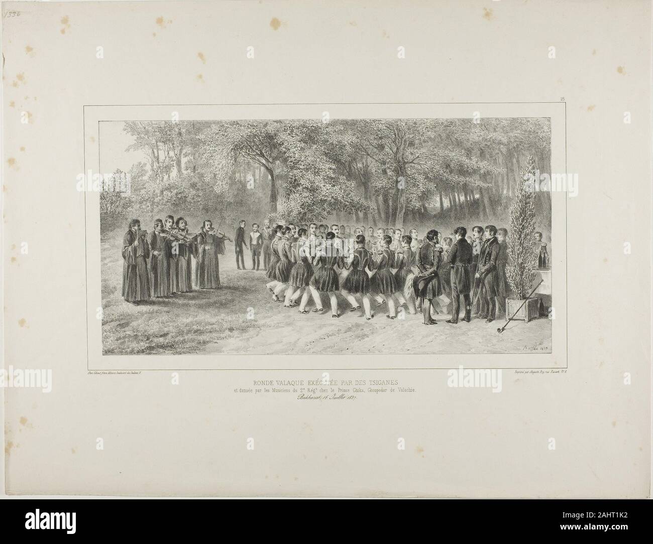 Denis Auguste Marie Raffet. Wallachian Round, Performed by the Tsiganes and Danced by the Second Regiment Musicians at the Home of Prince Ghika, Ghospodar, Wallachia. 1839. France. Lithograph in black on ivory chine laid down on ivory wove paper Stock Photo