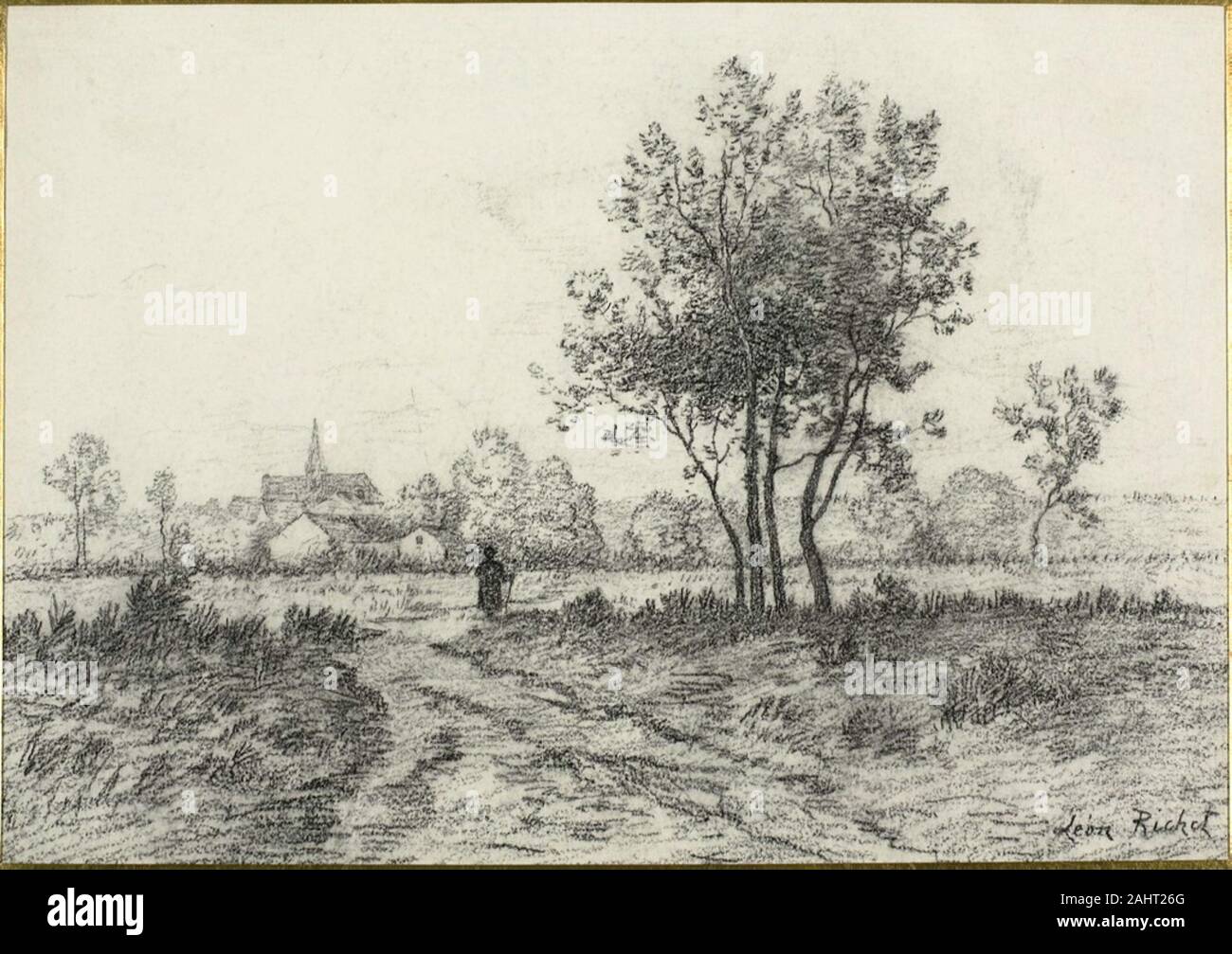 Léon Richet. Landscape. 1870–1880. France. Charcoal on ivory wove paper Stock Photo