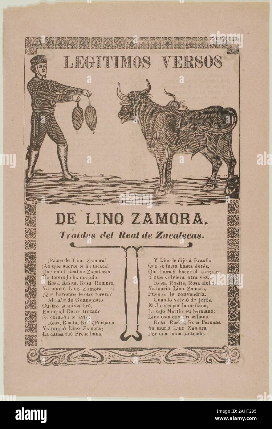 José Guadalupe Posada. True Verses about Lino Zamora. 1911. México. Relief engraving or photo relief etching on pink wove paper Stock Photo