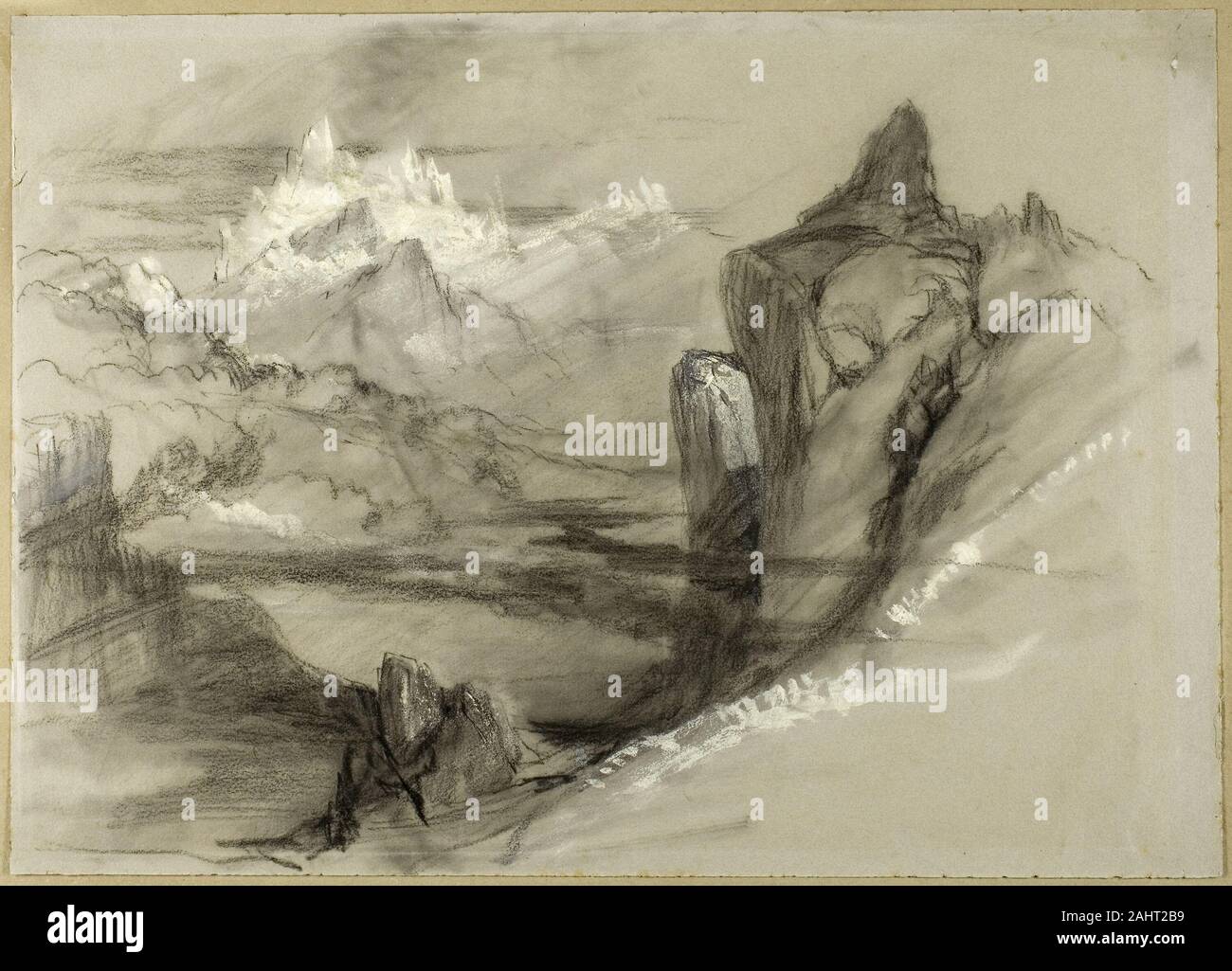 John Ruskin. Mountain Landscape. 1834–1873. England. Black chalk, with stumping, brush and gray wash ,and white gouache, on gray wove paper, tipped onto green wove paper Stock Photo