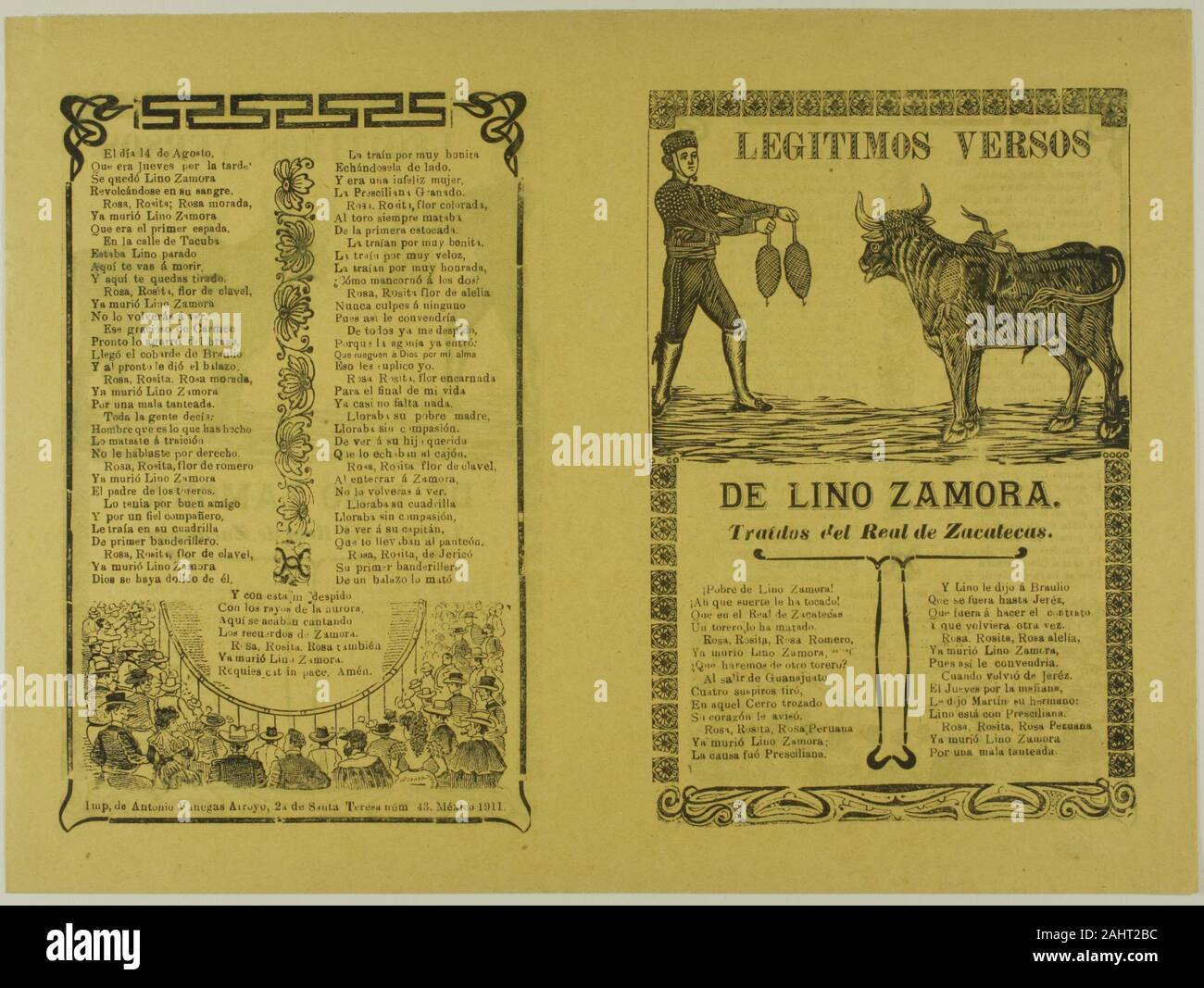 José Guadalupe Posada. Legitimos versos de Lino Zamora (Legitimate Verses of Lino Zamora). 1850–1900. México. Relief engraving on typemetal on paper Stock Photo