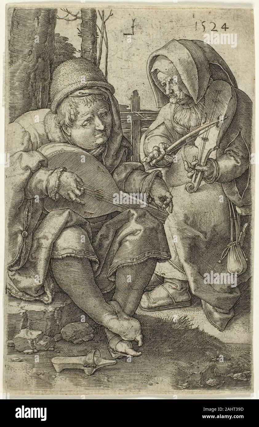 Lucas van Leyden. The Musicians. 1524. Netherlands. Engraving in black on cream laid paper This engraving by Lucas van Leyden illustrates marital harmony by depicting a couple making music together. In this instance the woman plays the dominant role. She sounds a note on a three-stringed rebec (similar to a violin) while her husband tunes his lute, plucking a string and turning a tuning peg. The man has also removed one of his clogs, a sign of submission. The couple appears to be prosperous, as they wear fine, fur-trimmed garments and play musical instruments associated with court culture. Stock Photo