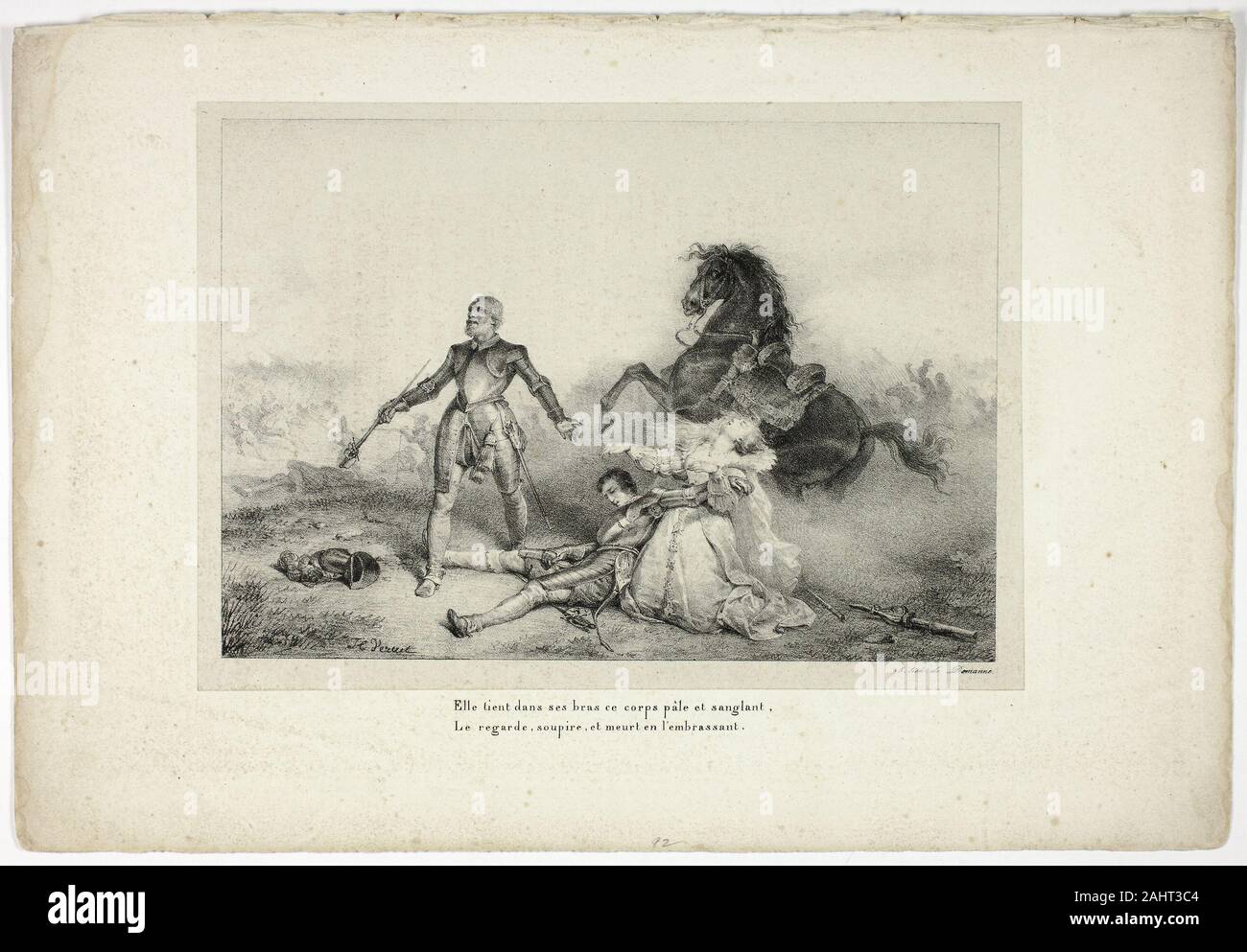 Horace Vernet. She Held in Her Arms the Corpse Pale and Bloody.... 1825. France. Lithograph in black on gray chine, laid down on ivory wove paper (chine collé) Stock Photo