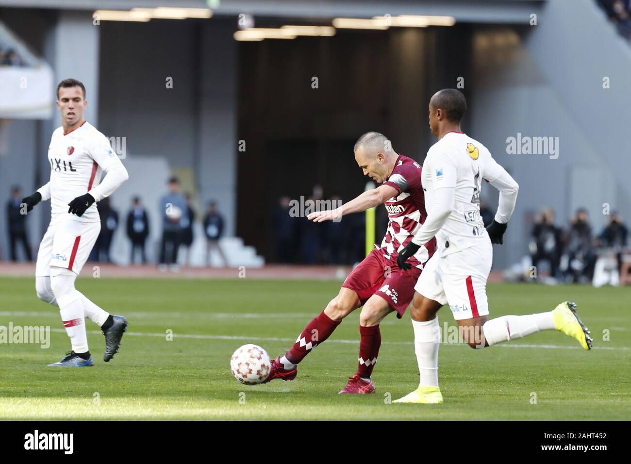 Tokyo, Japan. 1st Jan, 2020. Vissel Kobe's Andres Iniesta (Cap.) in action against Kashima Antlers' Leo Silva (4) during the Emperor's Cup JFA 99th Japan Football Championship final match at the new National Stadium. Vissel Kobe defeats Kashima Antlers 2-0. 57,597 people attended the first sports match held at the new National Stadium, which will be a venue for the Tokyo 2020 Olympic and Paralympic Games. Credit: Rodrigo Reyes Marin/ZUMA Wire/Alamy Live News Stock Photo