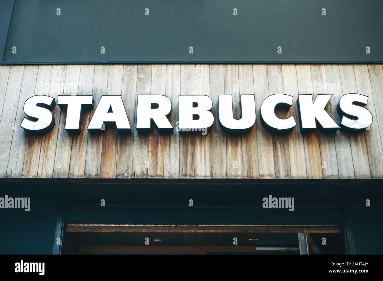 Turkey, Istanbul, December 29, 2019 Starbucks coffee sign at the entrance Stock Photo