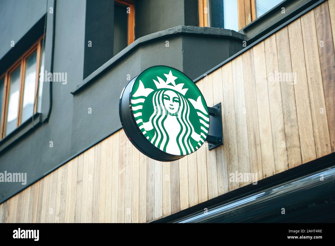 Turkey, Istanbul, December 29, 2019 Starbucks coffee sign at the entrance Stock Photo