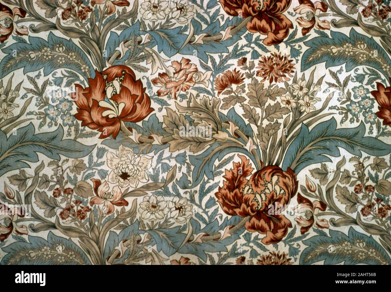 Sidney Mawson (Designer). Panel (Formerly a Furnishing Textile). 1890–1905. England. Cotton, twill weave with supplementary pile wefts forming cut, solid pile (velveteen); block printed Stock Photo