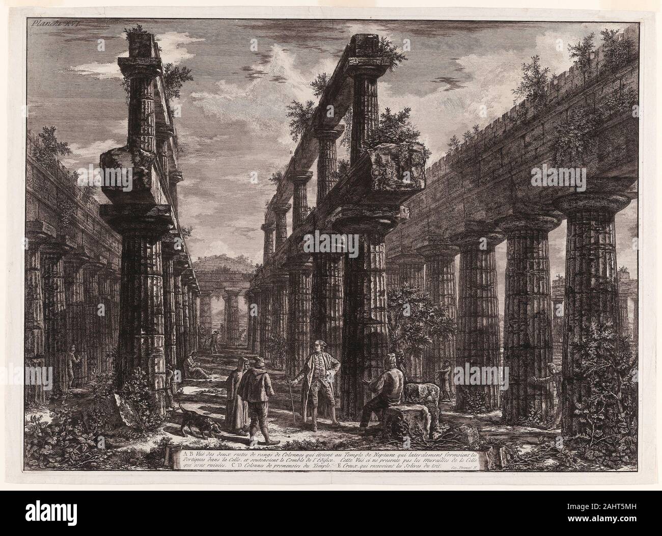 Giovanni Battista Piranesi. A., B. View of the remains of the two rows of columns in the Temple of Neptune which originally formed the colonnades along the sides of the cella, and supported the uppermost part of the roof, from Different views of Paestum. 1778. Italy. Etching on ivory laid paper Stock Photo