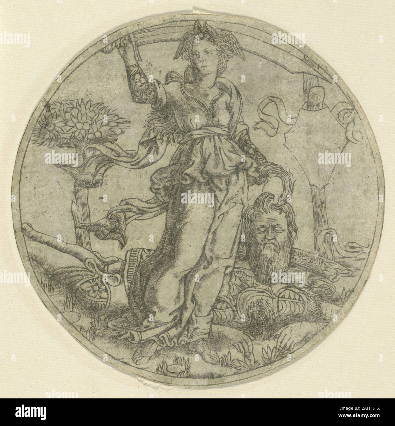 Baccio Baldini. Judith with the Head of Holofernes. 1460–1485. Italy. Engraving in blue-gray on ivory laid paper, laid down on cream laid paper This engraving was part of a group of Florentine round and oval prints with secular themes meant to be pasted on cylindrical boxes. These held sweetmeats or toiletries and were exchanged by lovers or given as wedding favors. The prints could have been colored or illuminated and completed with the recipient’s coat of arms before being affixed to boxes, though in the one displayed here the shield hanging on the tree at right remains empty. Holofernes lit Stock Photo