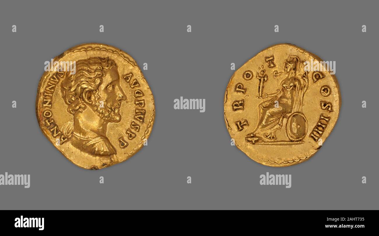 Ancient Roman. Aureus (Coin) Portraying Emperor Antoninus Pius. 145 AD–161 AD. Rome. Gold Obverse Bust of Antoninus Pius right, bareheaded, wearing cuirass and paludamentumReverse Roma seated facing left, holding Palladium and spear, with shield at side Stock Photo