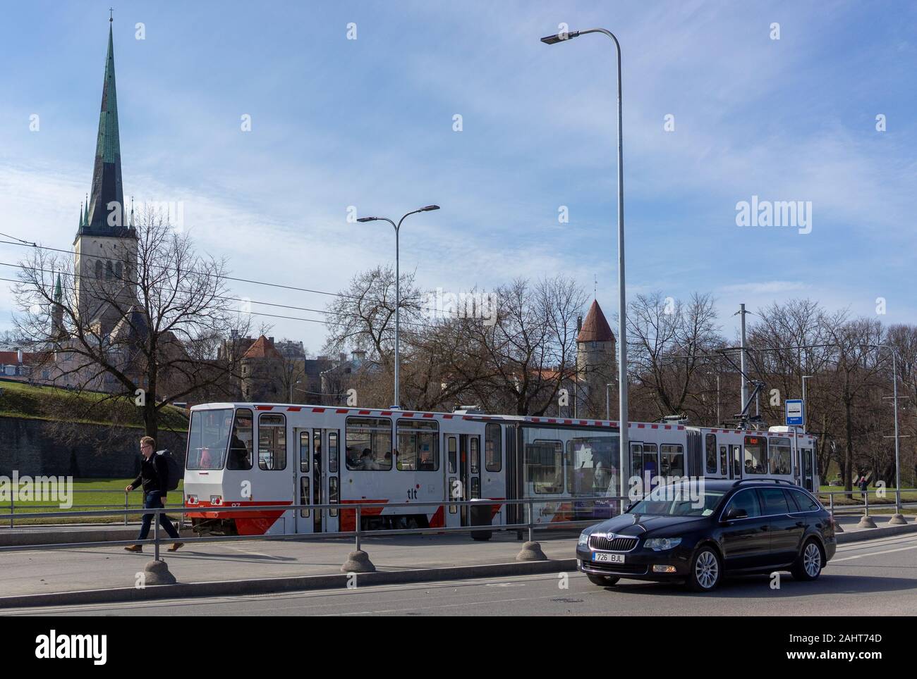 19 April 2019 Tallinn, Estonia. Low-floor tram on one of the streets of the city. Stock Photo