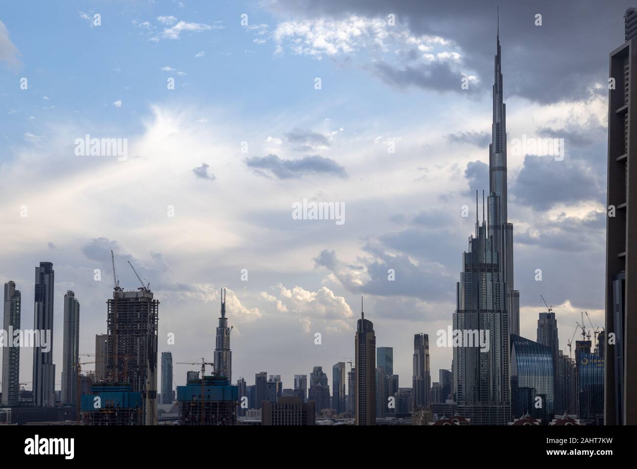 Burj Khalifa And Dubai Skyline With Cloudy Sky In The Background Rare