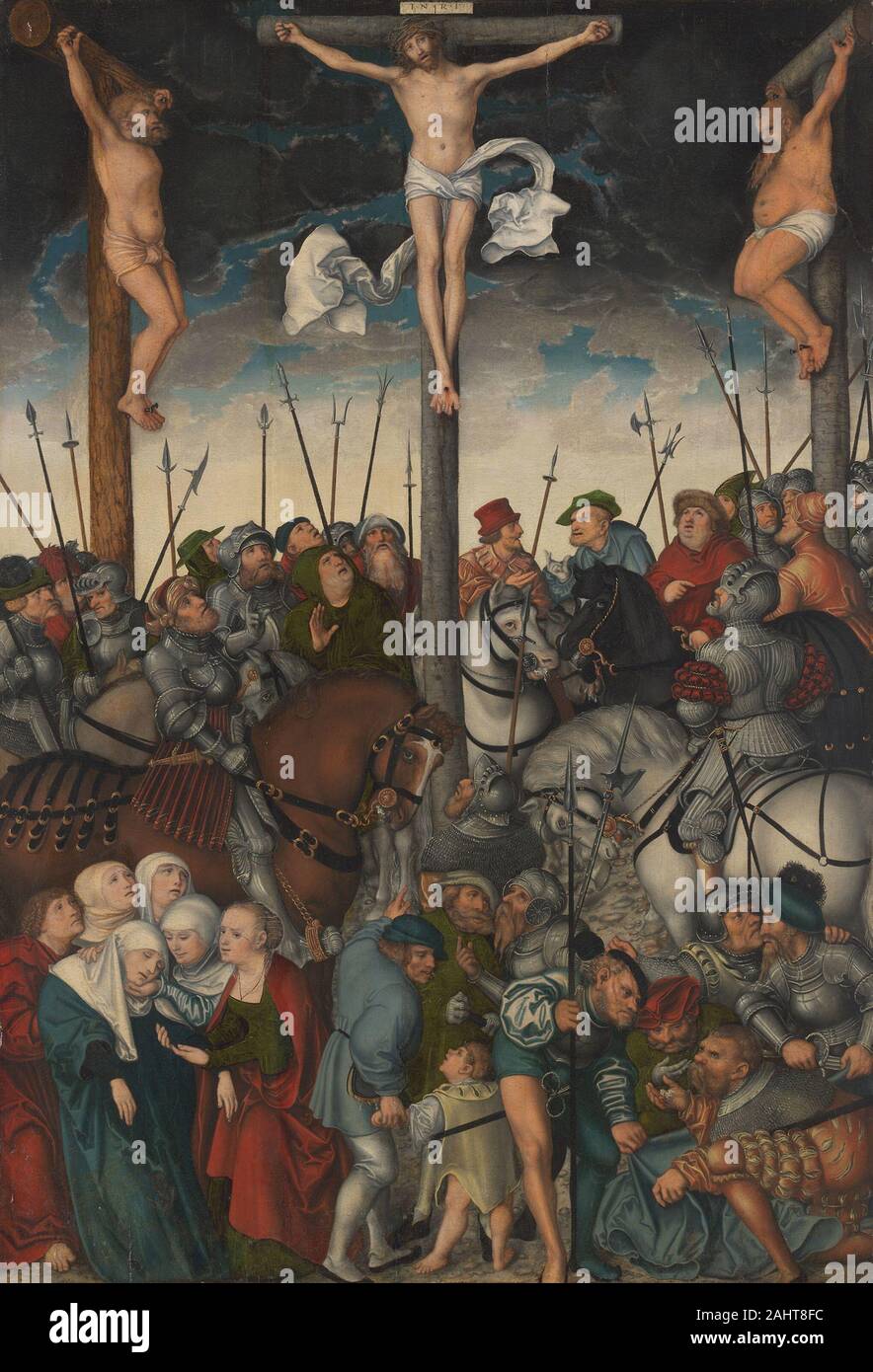 Lucas Cranach, the Elder. The Crucifixion. 1538. Germany. Oil on panel In this crowded scene, traditional vignettes from the Crucifixion story surround the central figure of Christ on the cross. The swooning Virgins and other believers are represented at Christ’s right hand. On the other, less-favored side of the cross are Christ’s condemners and the cynics who rejected him, among them the soldiers who cast dice to divide up his clothing. Although Lucas Cranach the Elder was a friend of Martin Luther and a firm supporter of the Reformation, his highly successful workshop produced altarpieces f Stock Photo