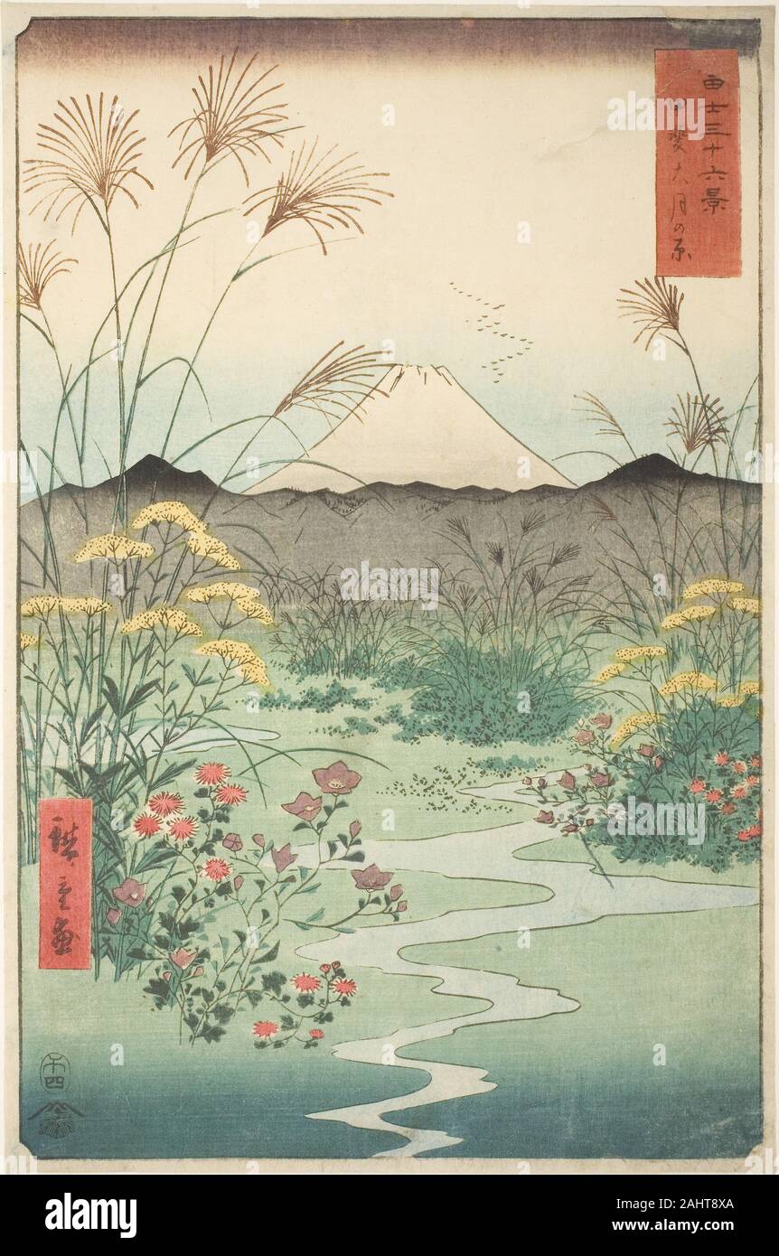 Utagawa Hiroshige. Otsuki Plain in Kai Province (Kai Otsuki no hara), from the series Thirty-six Views of Mount Fuji (Fuji sanjurokkei). 1858. Japan. Color woodblock print; oban Stock Photo