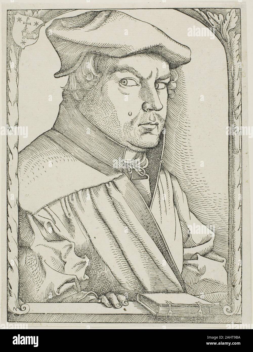 Hans Baldung Grien. Caspar Hedio. 1543. Germany. Woodcut in black on ivory laid paper Here Hans Baldung Grien depicted the theologian Caspar Hedio, who may have been a longtime acquaintance of the artist, as an uncompromising individual with an intense gaze. The woodcut appeared as the author portrait in Hedio’s Selected Chronicle of the World, from Its Beginnings until the Year 1543. Hedio’s furrowed brow, darting eyes, and clenched fingertips reveal his aggressive character, an effect greatly enhanced by the change from the original soft silverpoint drawing to these harsh woodcut lines. A le Stock Photo