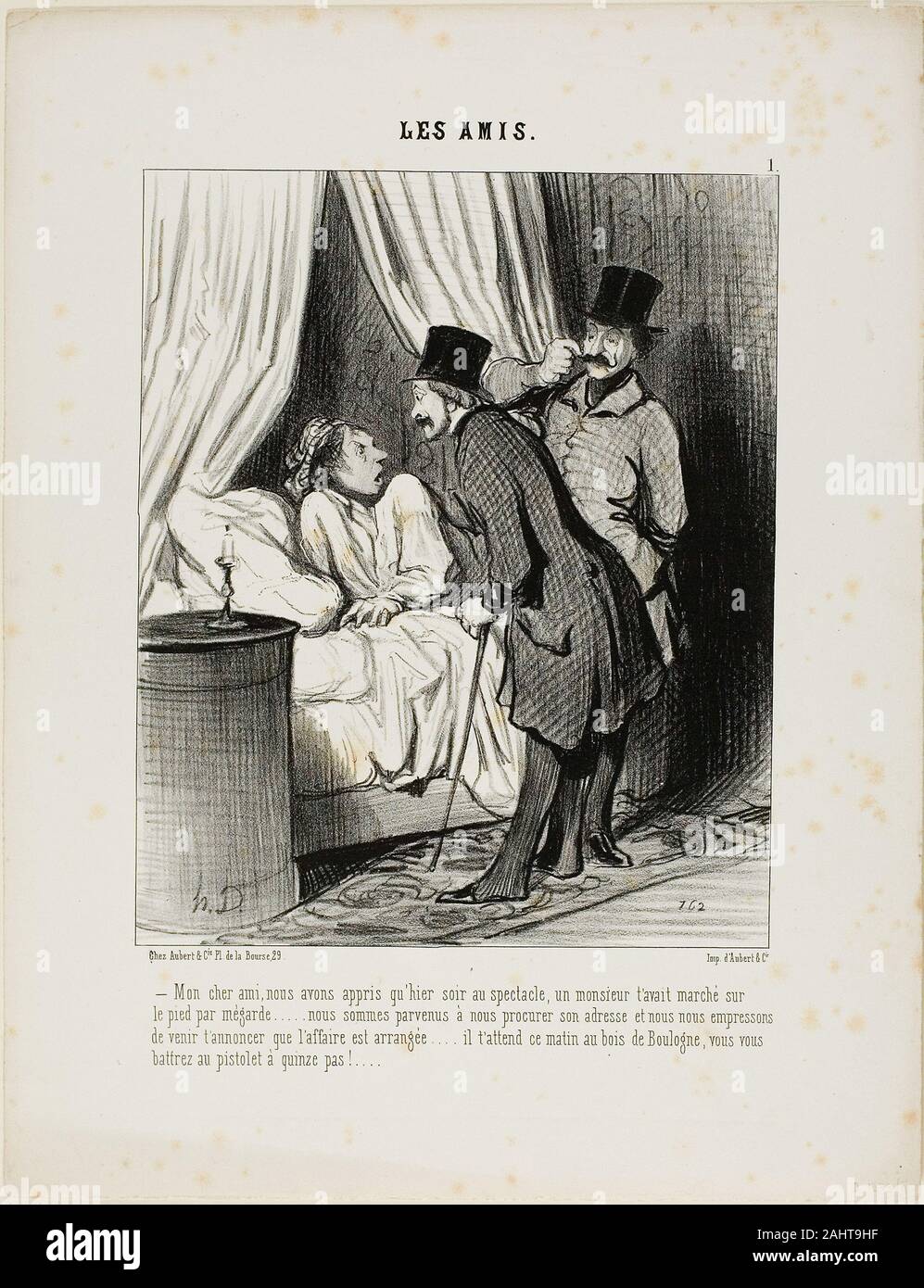 Honoré-Victorin Daumier. “- My dear friend, we have learned yesterday at the theatre that a gentleman has inadvertedly stepped on your foot.... We have come to get his address and we are eager to announce that the affair is arranged.... He is waiting for you this morning in the Bois de Boulogne. You will raise pistols at a distance of 15 paces,” plate 1 from Les Amis. 1845. France. Lithograph in black on ivory wove paper Stock Photo