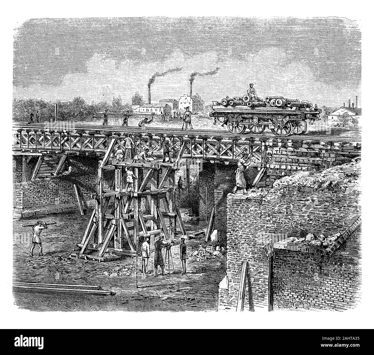 Prussion regiment build a railroad bridge during the  Franco Prussian War, 19th century Stock Photo