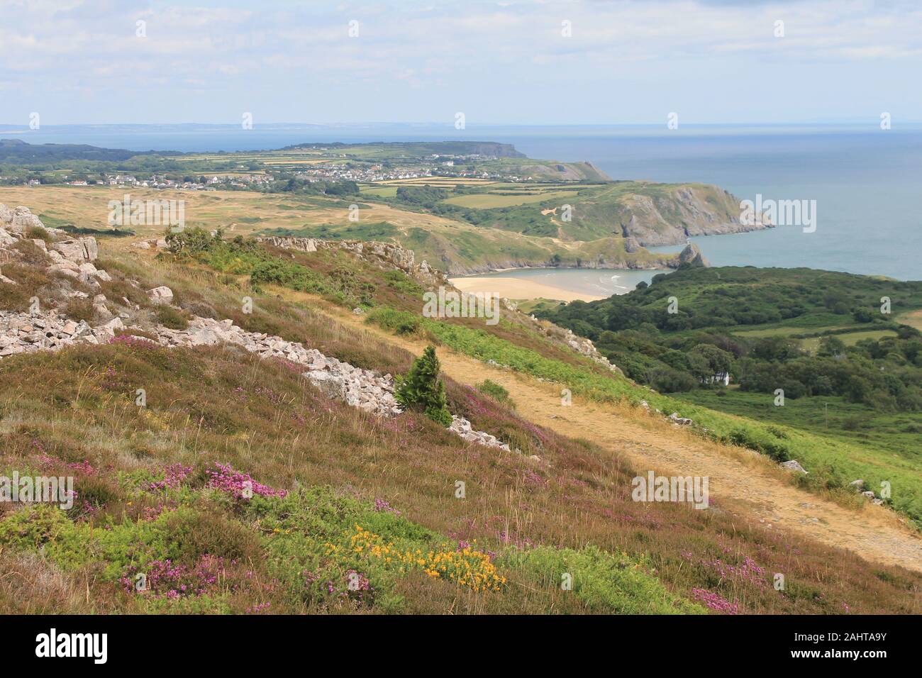 Three Cliffs Bay and Pwlldu Head from Cefn Bryn, Gower, South Wales, UK Stock Photo