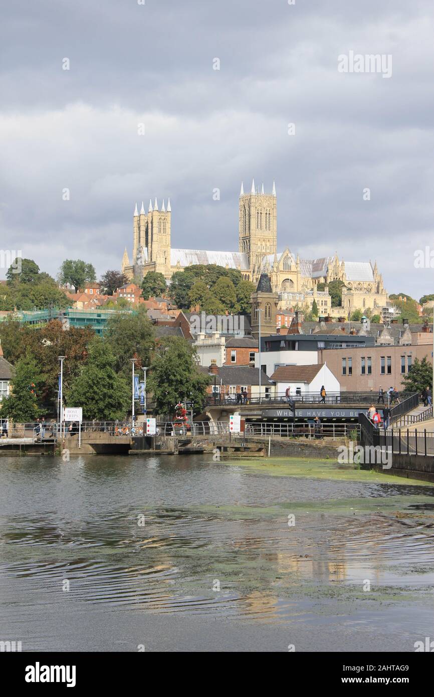 Lincoln Cathedral across Brayford Pool, Lincoln, England, UK Stock Photo
