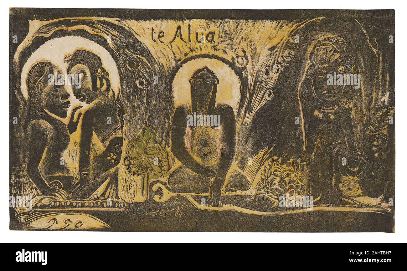 Paul Gauguin. Te atua (The God) from the Noa Noa Suite. 1893–1894. France. Wood-block print, printed twice in yellow ocher and black inks, over yellow ink tone block, and transferred golden-yellow, green, red-orange, and red oil-based media, some containing beeswax and conifer resin (probably pine resin), on cream Japanese paper Stock Photo