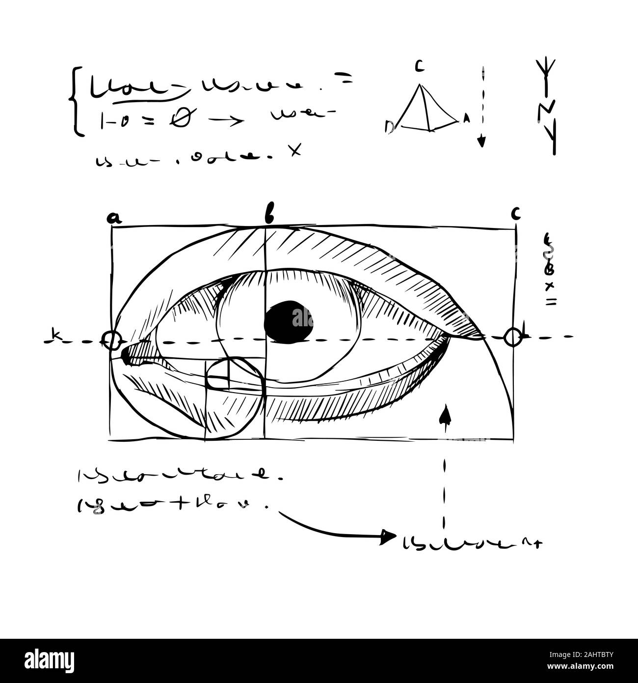 Hand draw image all seeing eye inside layout surrounded by scheme and Latin inscription Stock Vector