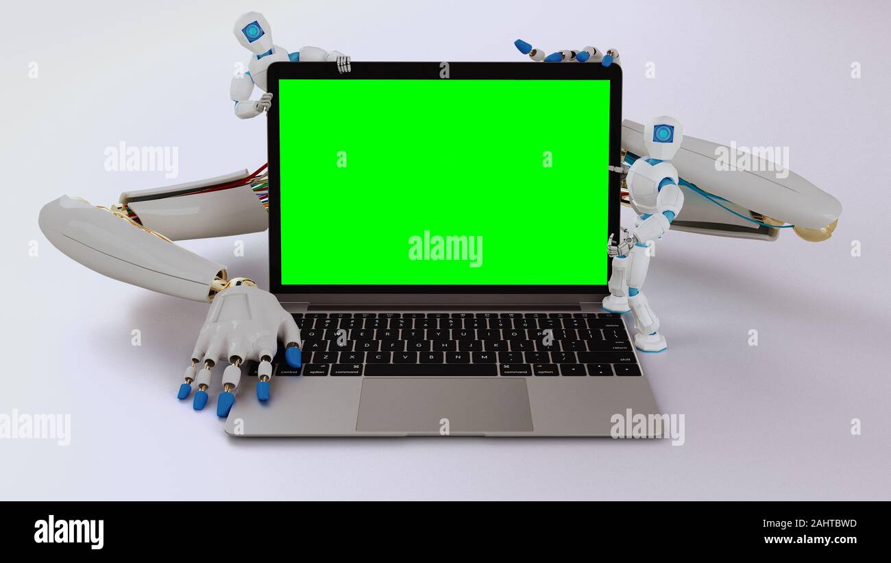 Robot hands with small robots behind a laptop pc. Green screen template. Stock Photo