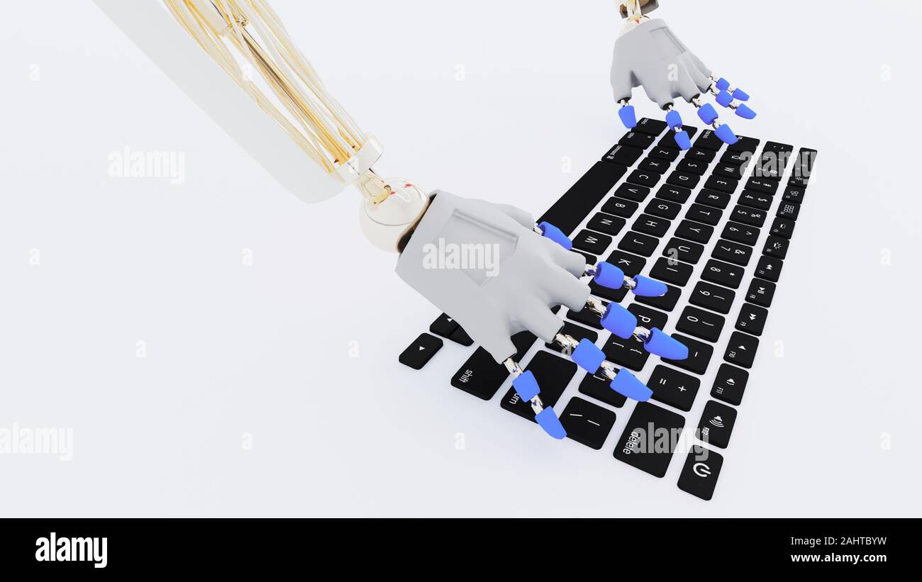 Robot hands on the frameless keyboard keys Stock Photo Alamy