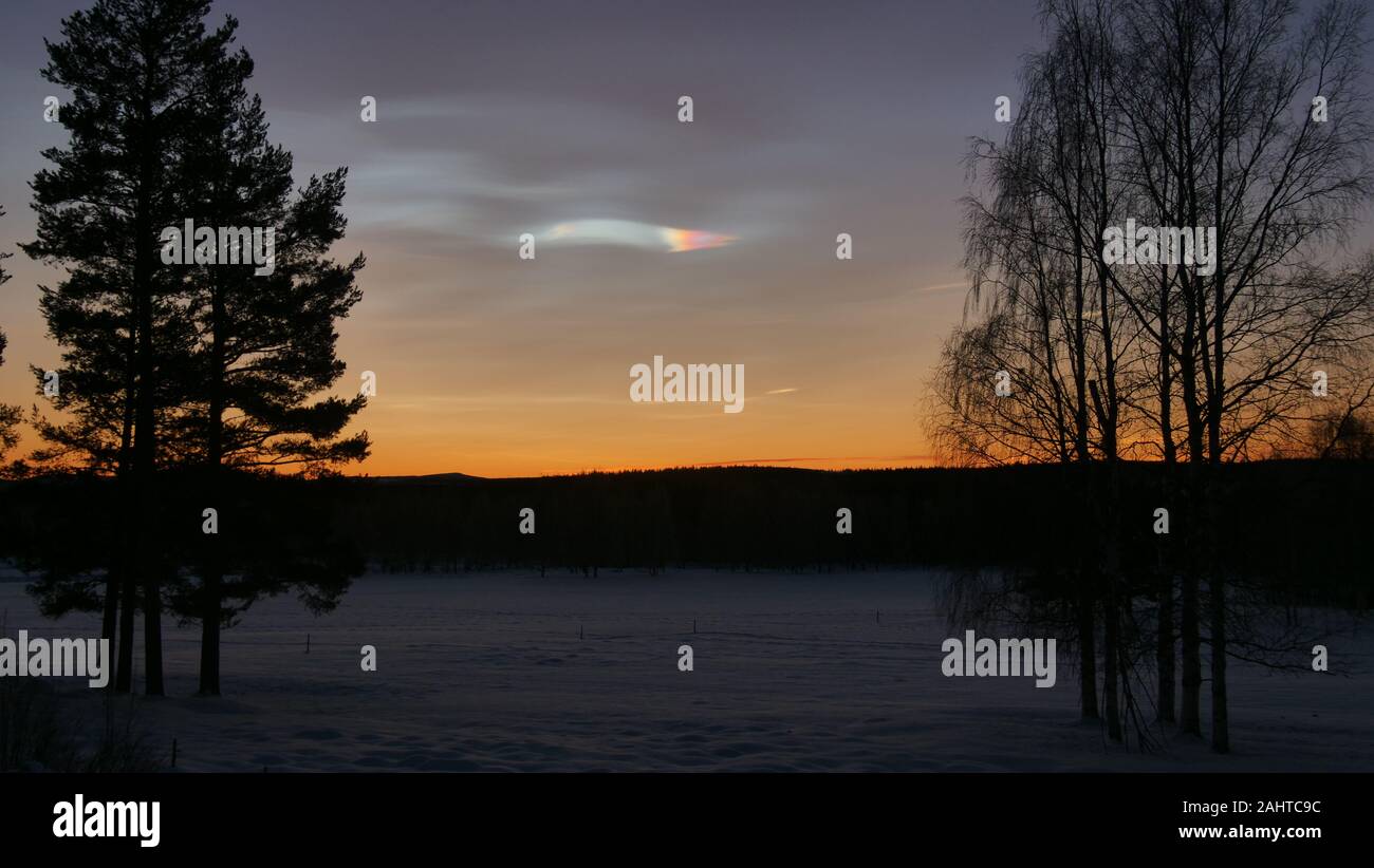 Very rare Nacreous Clouds 'Polar stratospheric clouds' as seen from Vitberget in the North of Sweden Stock Photo