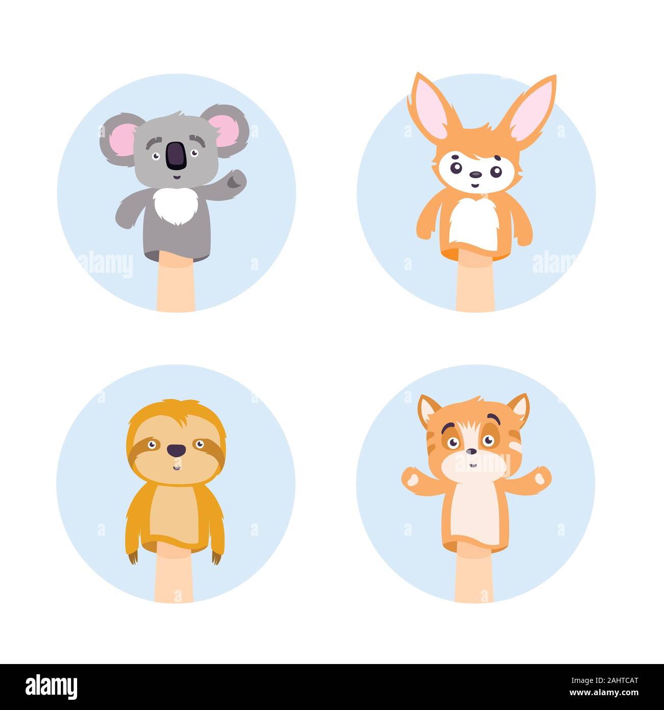 Set of animal hand puppets in circle frame vector flat illustration Stock Vector