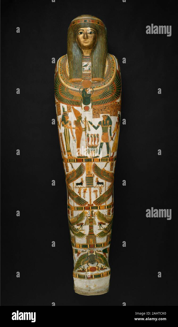 Ancient Egyptian. Coffin and Mummy of Paankhenamun. 945 BC–715 BC. Thebes. Cartonnage, gold leaf, pigment, and human remains Mummification is the ancient Egyptian funerary practice of drying out a corpse for preservation. Anointed with oils and spices and protected with amulets, this linen-wrapped body was placed in a series of nesting coffins; the vividly painted cartonnage was the innermost shell. Across the surface of the mummy case, inscriptions and painted scenes and symbols identify the deceased— Paankhenamun (The One Who Lives for Amun)—and proclaim his wish to live well in the afterlif Stock Photo