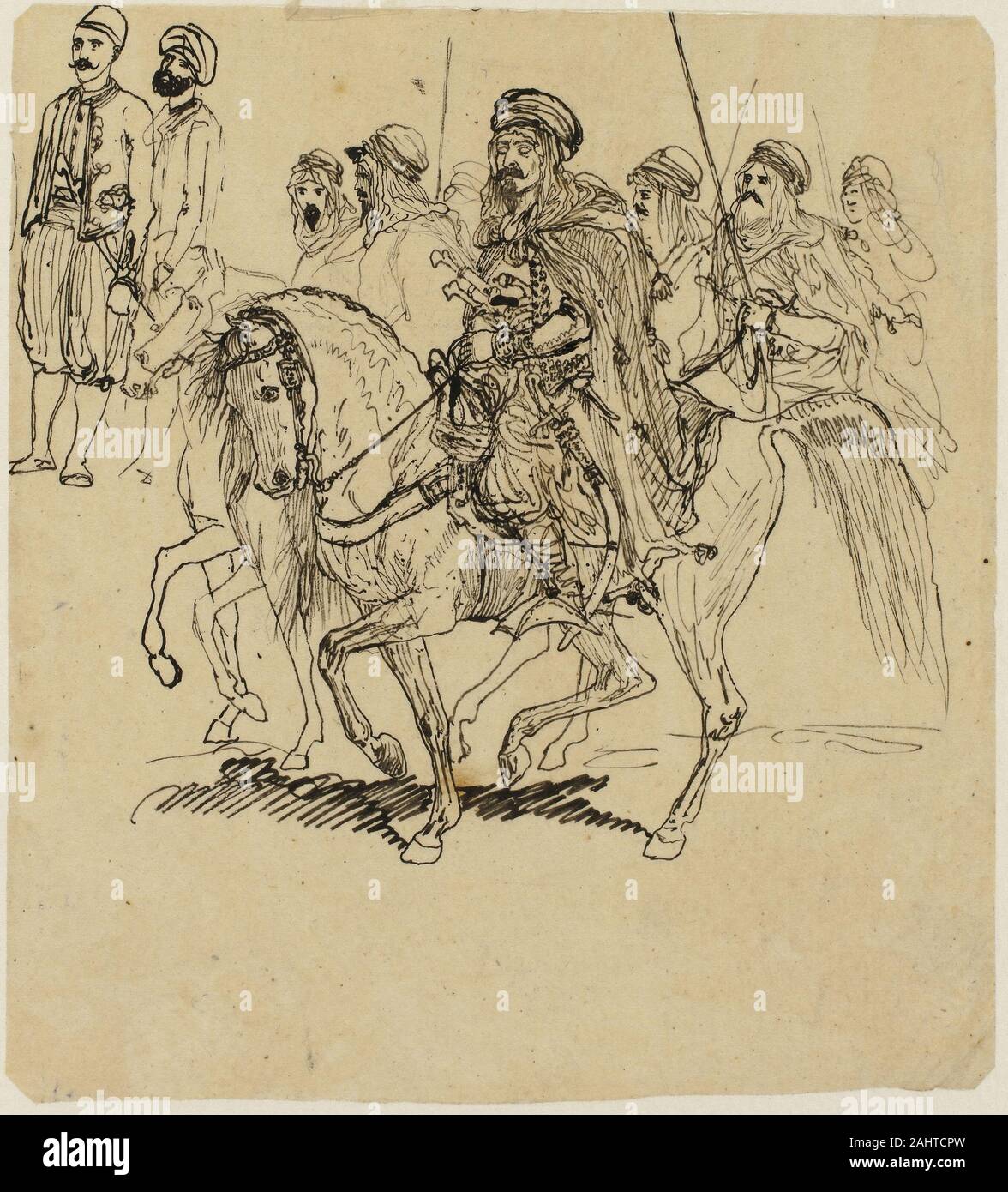 Rodolphe Bresdin. Arab Horsemen. 1845–1885. France. Pen and black ink, on tan tracing paper, laid down on ivory wove paper Stock Photo