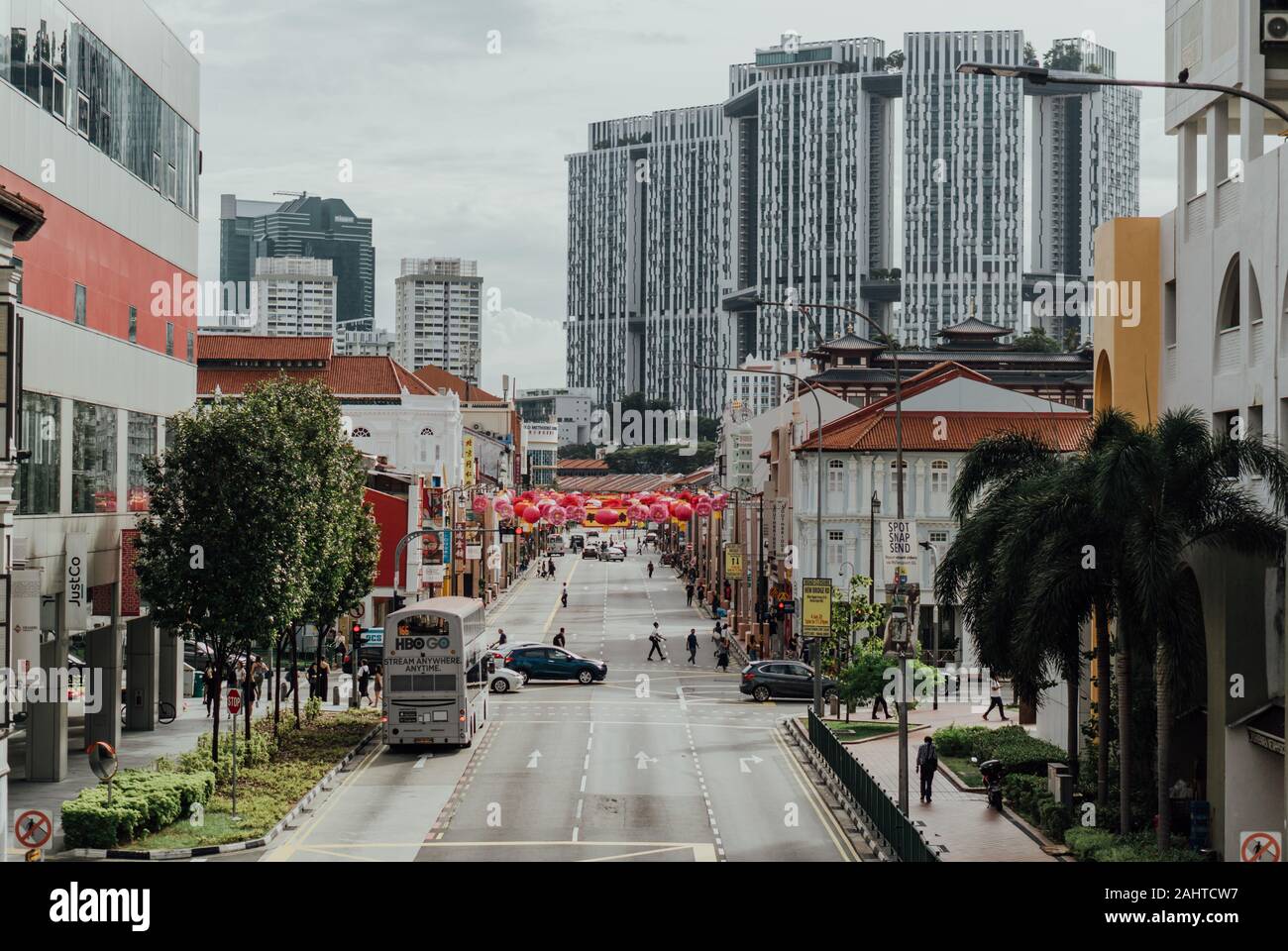 Chinatown Singapore Daytime Street View with Iconic Pinnacle at Duxton ...