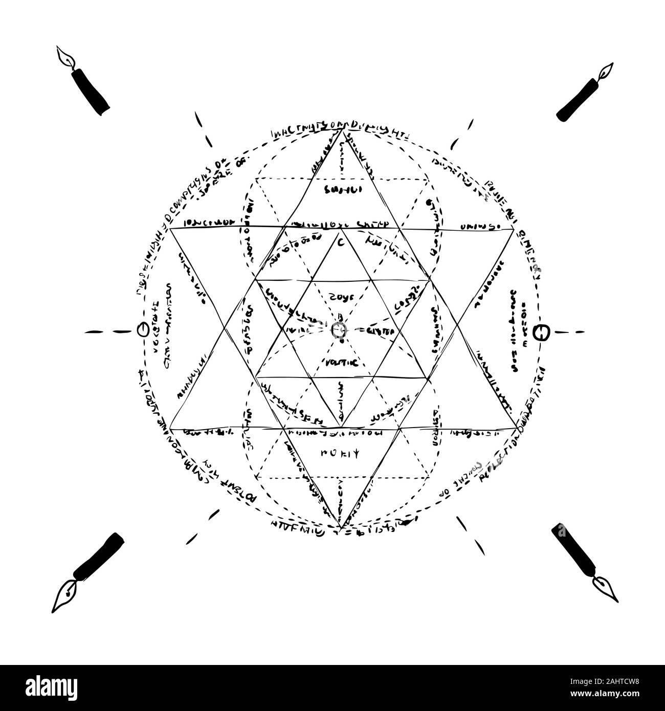 Hand drawing occult pentagram with Latin inscription surrounded by candles art illustration Stock Vector