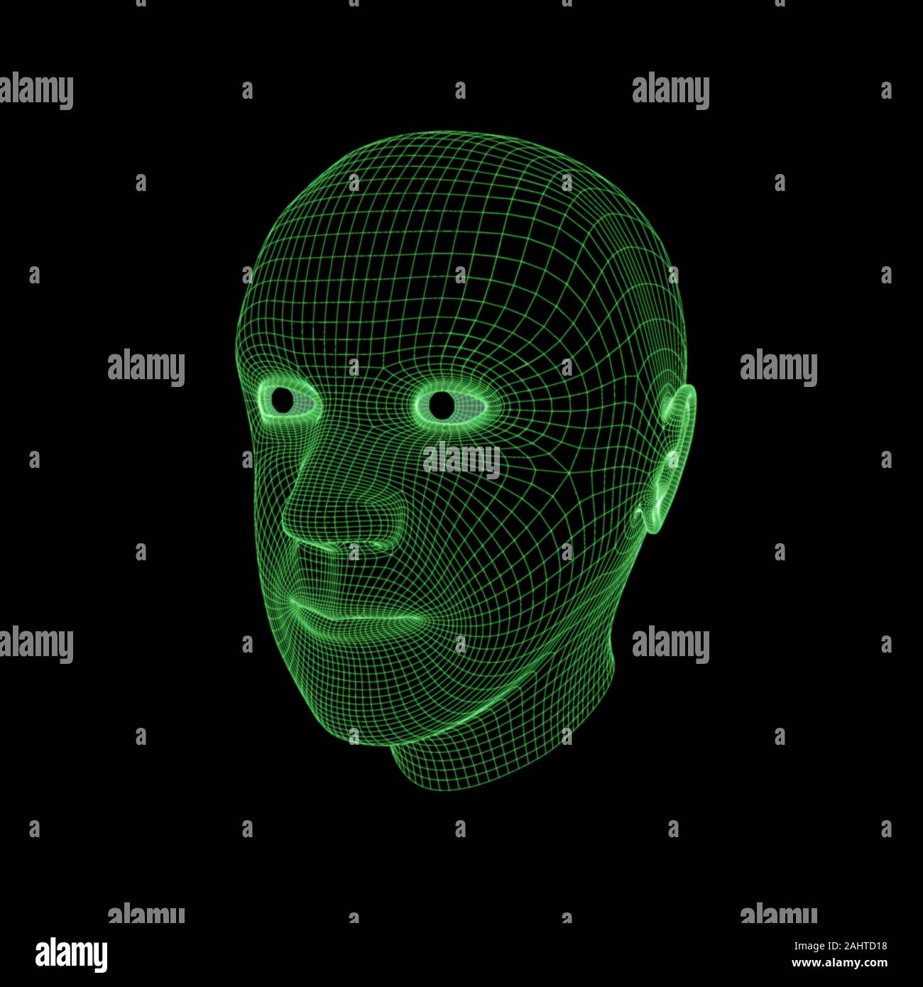 Green wire frame rendering of a man's head against a black background Stock Photo