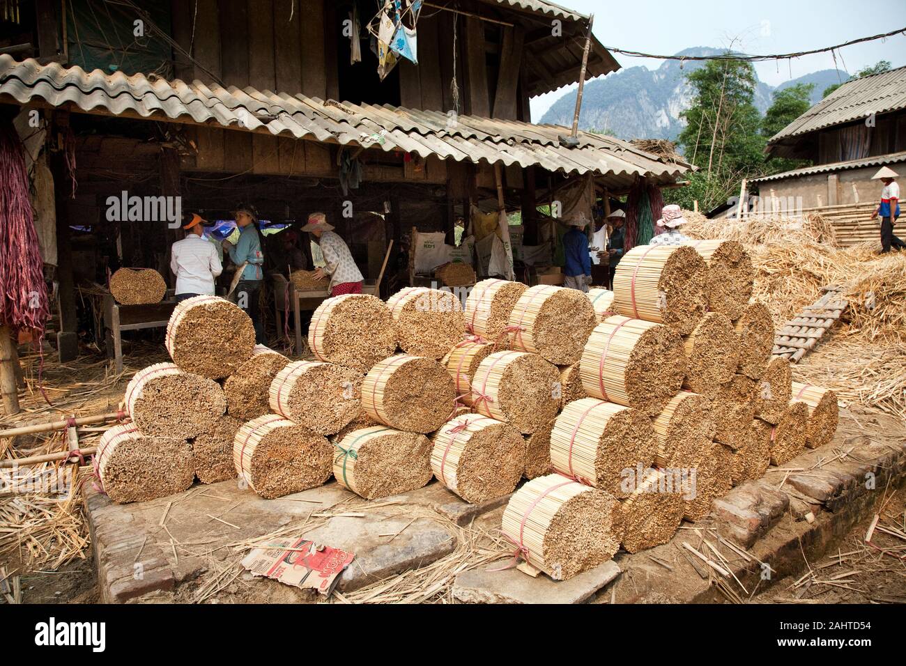 Bamboo chopsticks are bundled in front of the factory where women make the sticks with machines Stock Photo