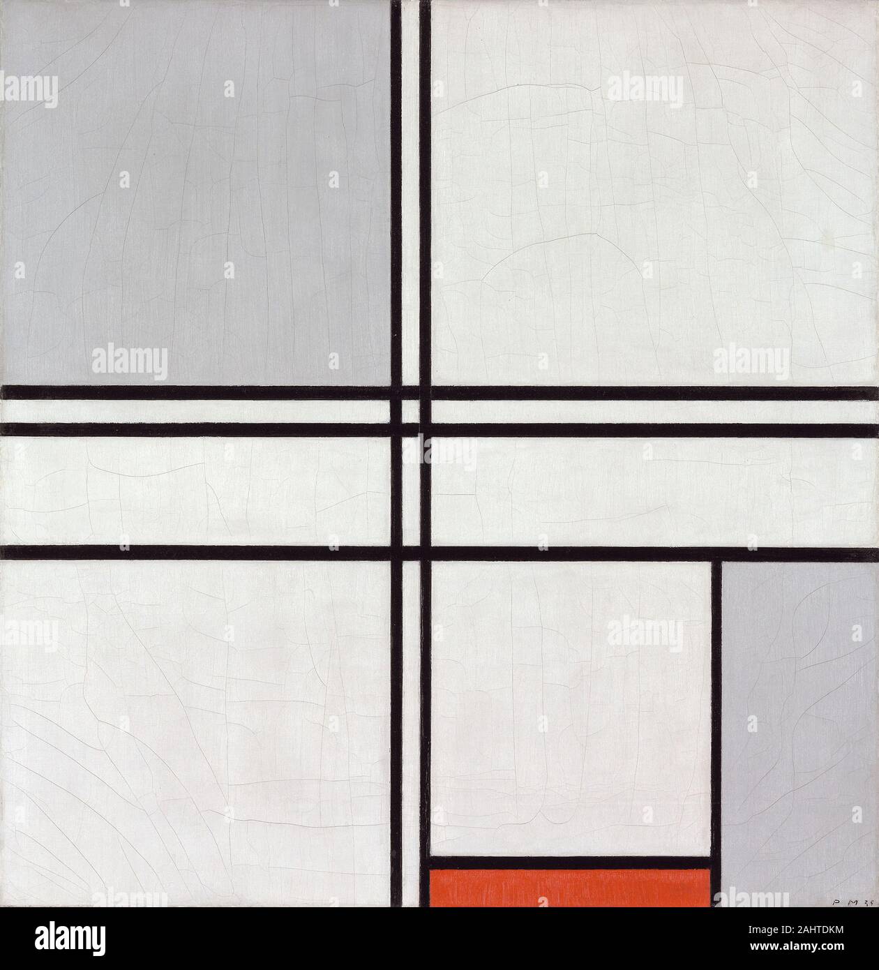 Piet Mondrian. Composition (No. 1) Gray-Red. 1935. Netherlands. Oil on canvas The roots of 20th-century abstract art can be traced to the late 19th century, when artists began to move away from the direct representation of objects toward the communication of emotional states or moods. In doing so, the formal properties of art—such visual elements as line, color, and composition—assumed a primary role in its production. After World War I, many artists, including Piet Mondrian, believed that abstract art could contribute to a more harmonious society by communicating in a universal, visual langua Stock Photo