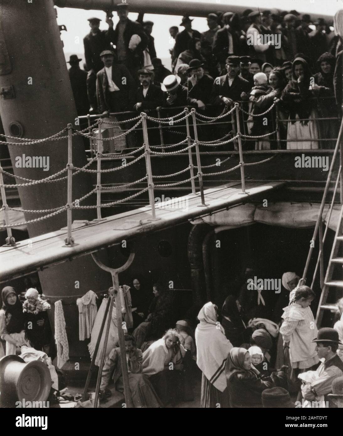 Alfred Stieglitz. The Steerage. 1907. United States. Gelatin silver print Alfred Stieglitz shot this photograph in 1907, during a voyage by ocean liner to Europe; it was years, however, before he and others in his circle came to recognize it as a defining work of modernism, showing that photography could transcend its ostensible subject to depict deeper emotions. He later described the moment when, desperate to escape the stuffy upper classes, he looked down to the steerage level “I saw shapes related to each other. I saw a picture of shapes and underlying that the feeling I had about life.”Fo Stock Photo
