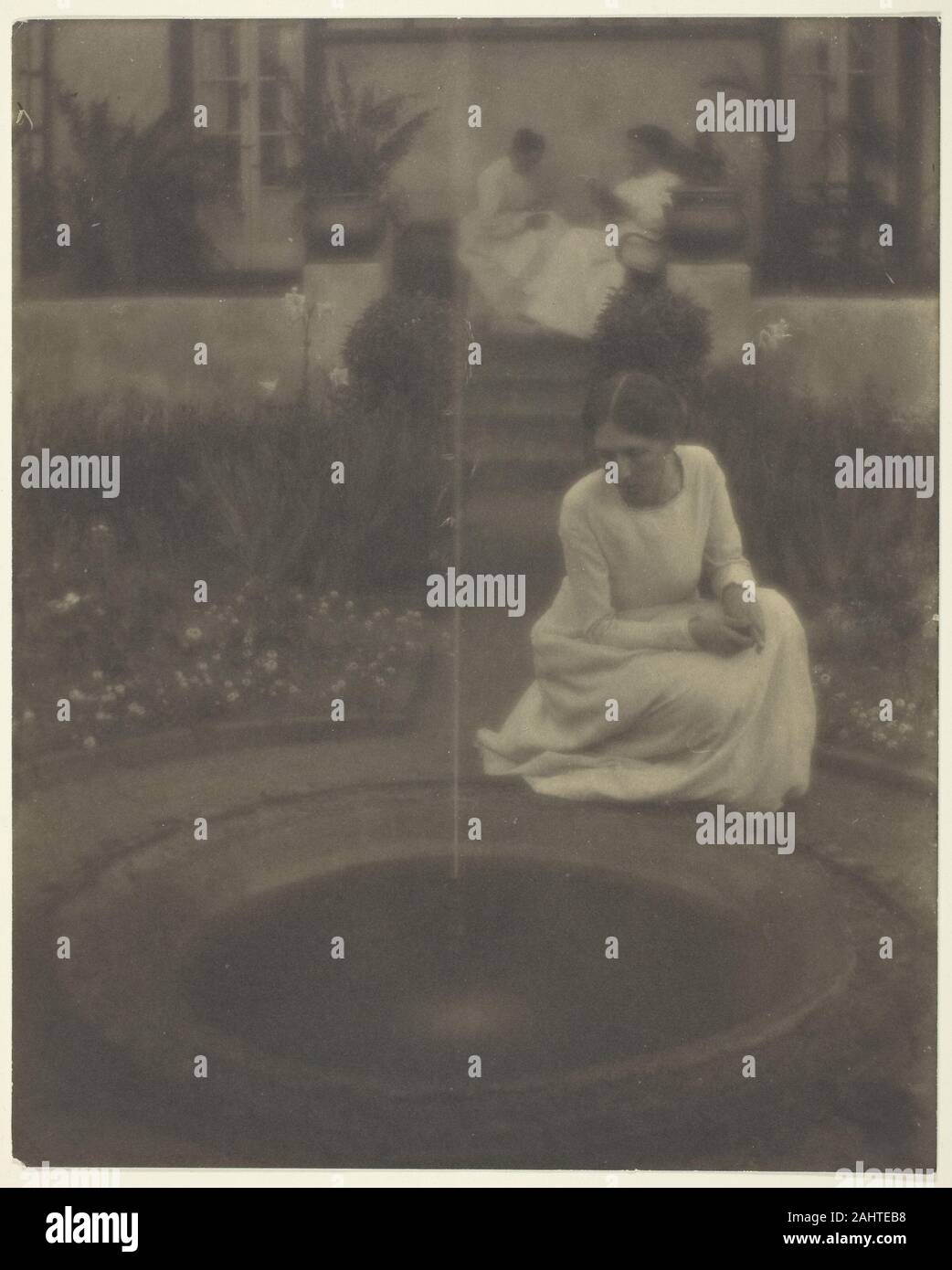 Clarence H. White. The Fountain. 1905–1906. United States. Platinum print Clarence White began taking photographs in 1893, while working as a bookkeeper in Newark, Ohio. He quickly rose to prominence in photographic circles, garnering praise for his atmospheric, softly focused images of domestic life, rendered in lush yet detailed platinum prints. Despite the apparently spontaneous quality of his images, White often staged friends and family members in his photographs; this print depicts his wife, Jane, at center, with his sister-in-law and mother in the background. White made The Fountain at Stock Photo