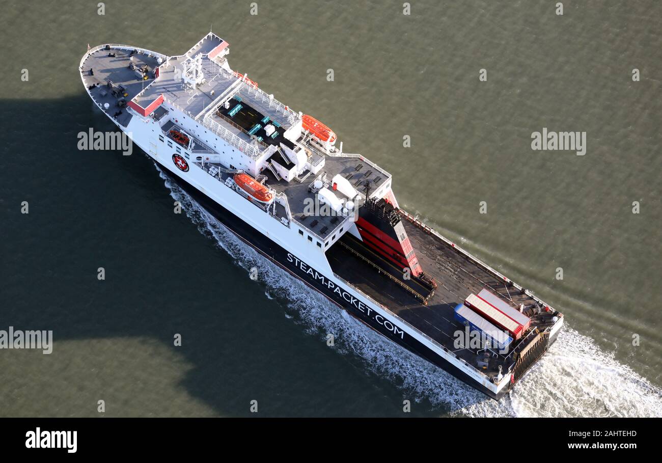 aerial view of the Ben-My-Chree, one of the Isle of Man Steam Packet Ferries arriving back into Heysham, Lancashire Stock Photo