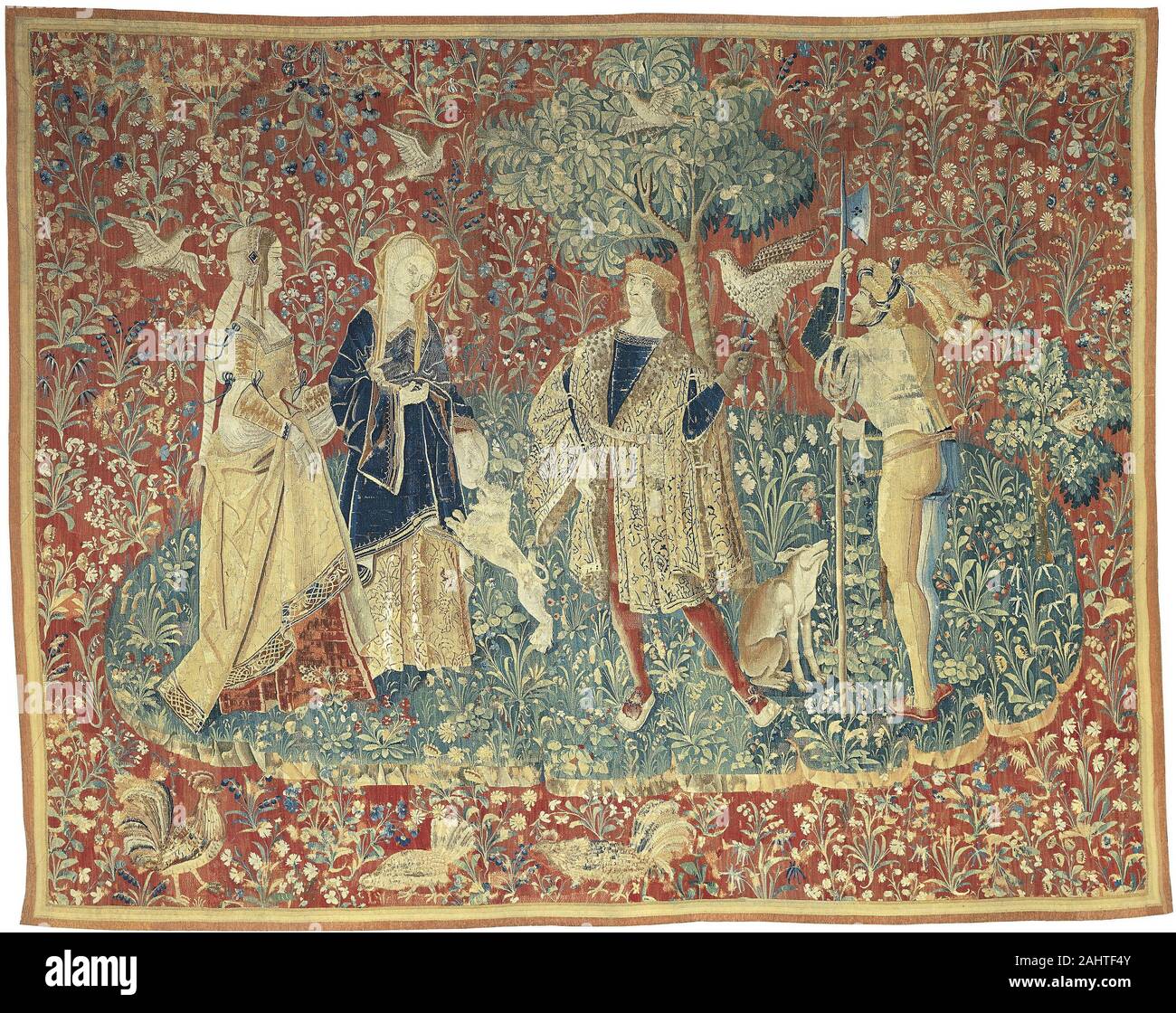 A Falconer with Two Ladies and a Foot Soldier. 14901510. Bruges. Wool
