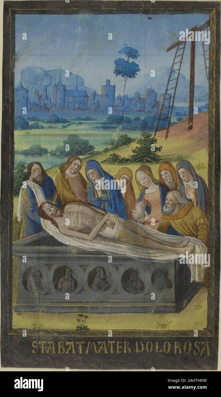 Jean Colombe. The Entombment (Stabat Mater Prayer), from a Book of Hours.  1475–1485. France. Manuscript cutting in tempera and gold paint, with  littera batarda inscriptions in gold, recto, and light black, verso,
