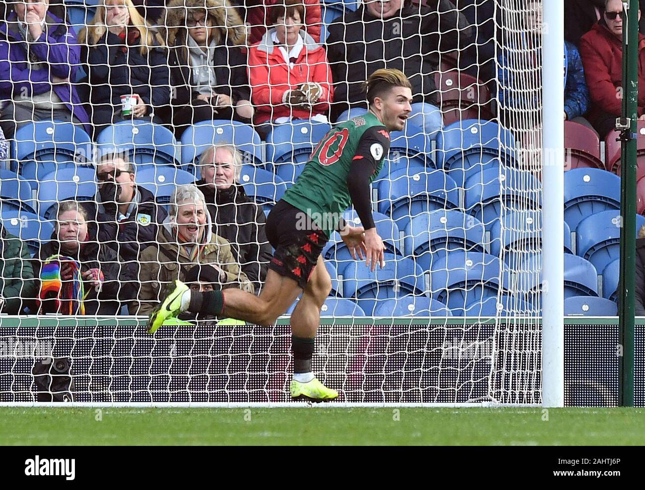 Aston Villa's Jack Grealish celebrates scoring his side's first goal of the game before the goal is ruled off for offside via VIA during the Premier League match at Turf Moor, Burnley. Stock Photo