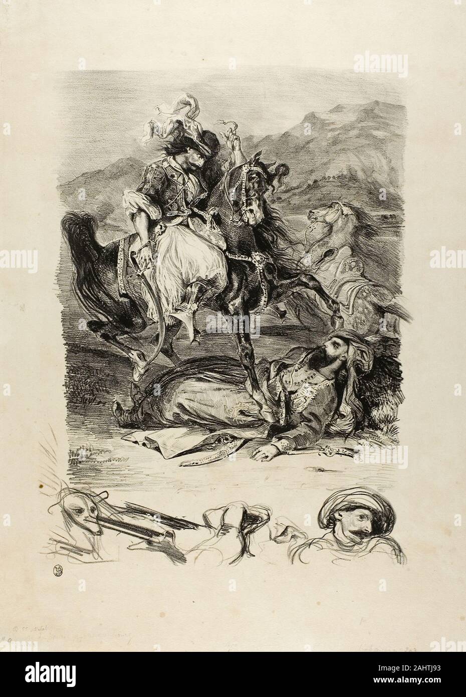 Eugène Delacroix. Combat Between Giaour and Pasha. 1827. France. Lithograph in black on ivory wove paper The success of Lord Byron’s 1813 poem “The Giaour” fanned the flames of Orientalism in art and literature. Eugène Delacroix produced a painting as well as this print immortalizing Byron’s giaour, or “nonbeliever,” who falls in love with Leila, a member of a Turkish harem. This heady mix of Eastern and Western passions and beliefs has a predictably bad ending. After her master fatally throws Leila into the sea (an accepted punishment for adulterous women), her lover kills him before retreati Stock Photo