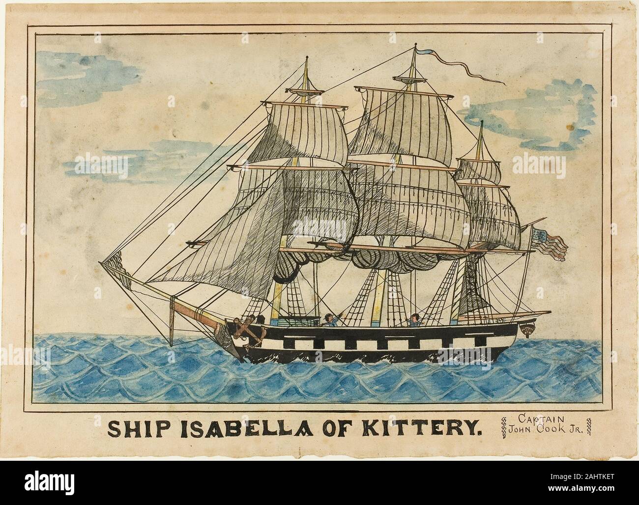 Unknown artist. Ship Isabella of Kittery. 1800–1899. United States. Pen and black ink, with watercolor, over graphite, on cream wove paper (discolored) Stock Photo