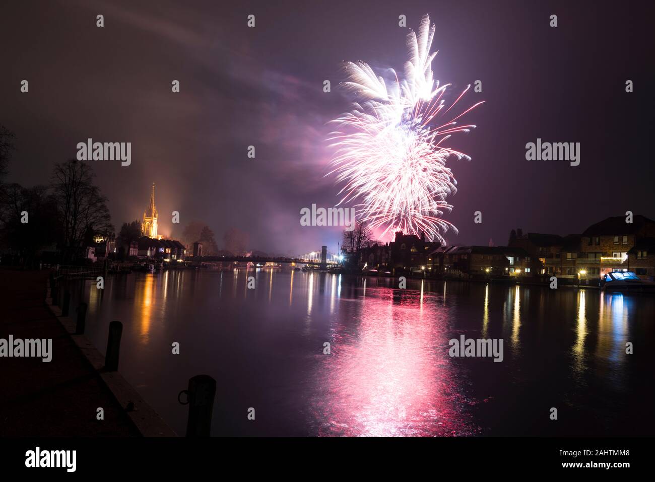 The annual New Year Fireworks display at Marlow on the river Thames in Buckinghamshire, Britain. Stock Photo