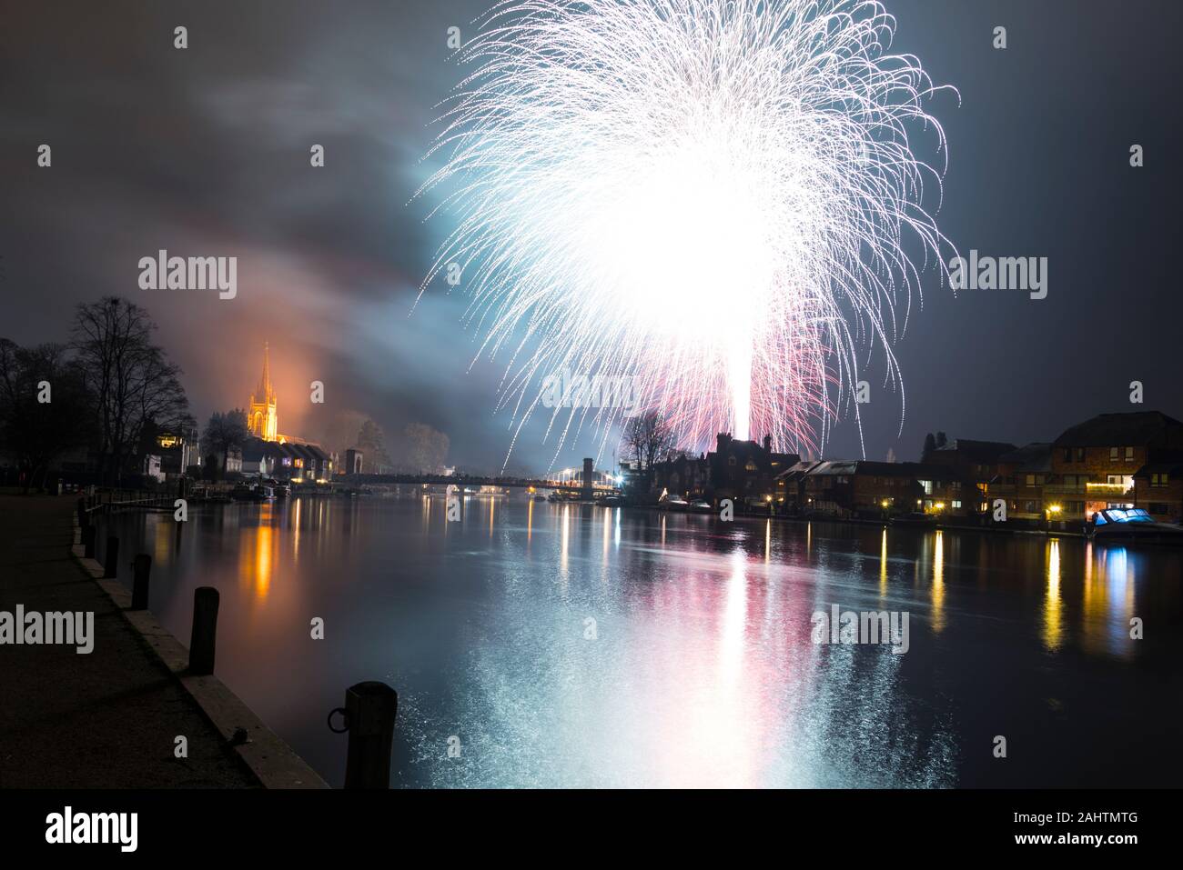 The annual New Year Fireworks display at Marlow on the river Thames in Buckinghamshire, Britain. Stock Photo